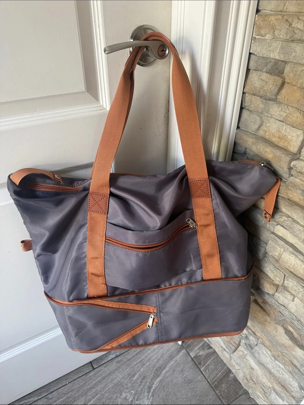Gray Duffel Tote with Brown Accents - Men Bags